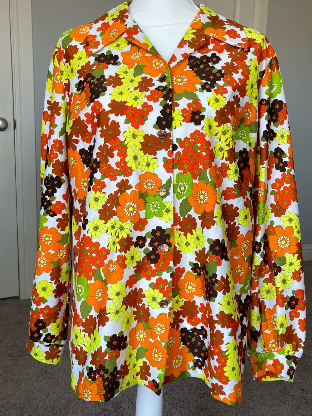 Sears Bright Orange, Yellow & Green Floral Button-Up